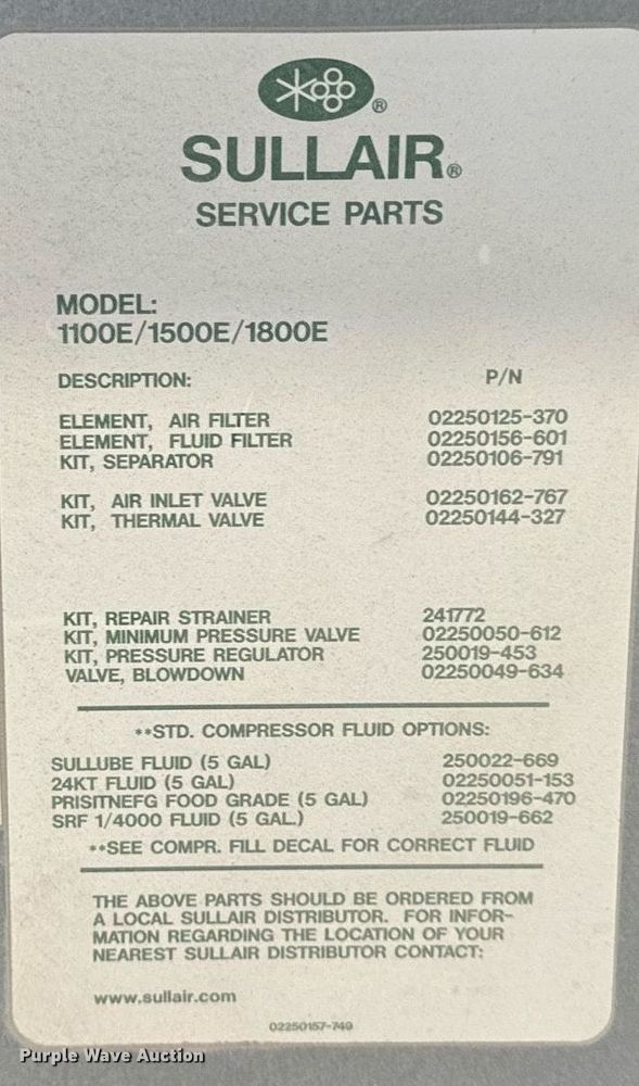 image for item EG6798 2013 Sullair 1809E AC air compressor
