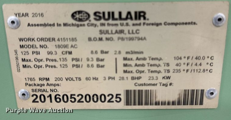 image for item EG6799 2016 Sullair 1809E AC air compressor