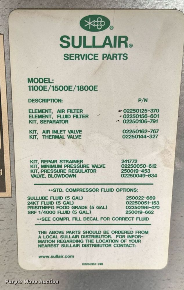 image for item EG6799 2016 Sullair 1809E AC air compressor