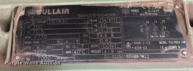 image for item EG6799 2016 Sullair 1809E AC air compressor
