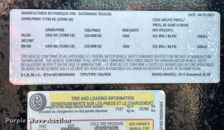 image for item EK3476 2021 Gatormade equipment trailer