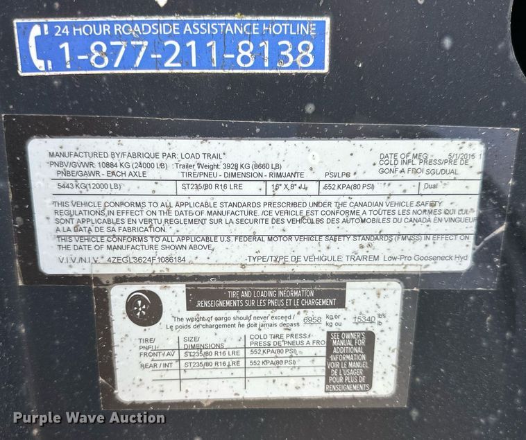 image for item EN0045 2015 Load Trail 36 Flatbed hydraulic tail equipment trailer