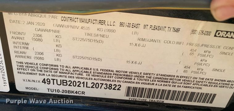 image for item JT9681 2020 Contract Manufacturing Orange Line TU10 utility trailer