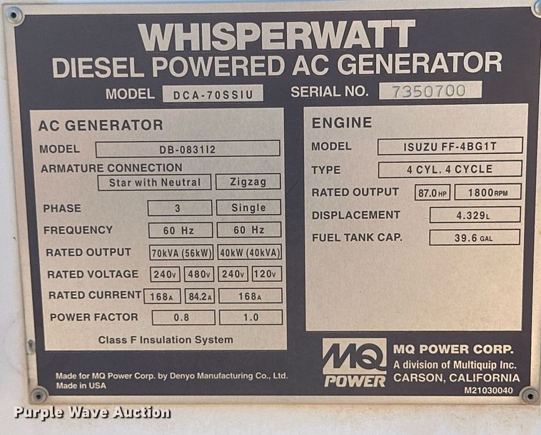 image for item DD3349 Whisperwatt DCA-70SSIU generator