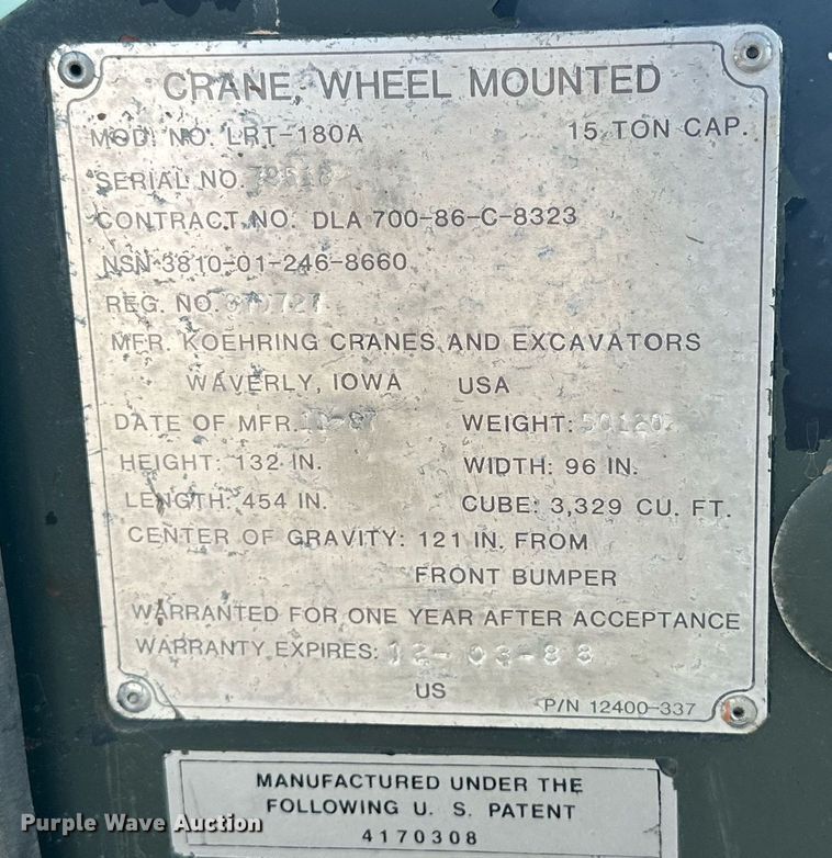 image for item DD3384 1987 Koehring LRT-180A crane