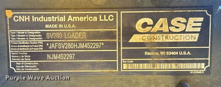 image for item DT2059 2018 Case SV280 skid steer loader