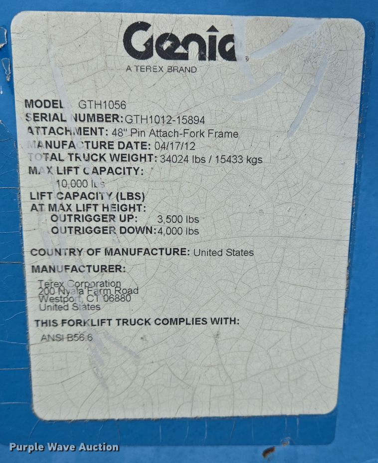 image for item DT5296 2012 Genie GTH1056 telehandler