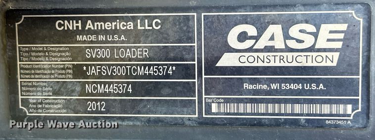 image for item EJ5000 2012 Case  SV300 skid steer loader