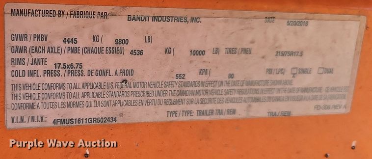 image for item EK0965 2016 Bandit 1590xp wood chipper