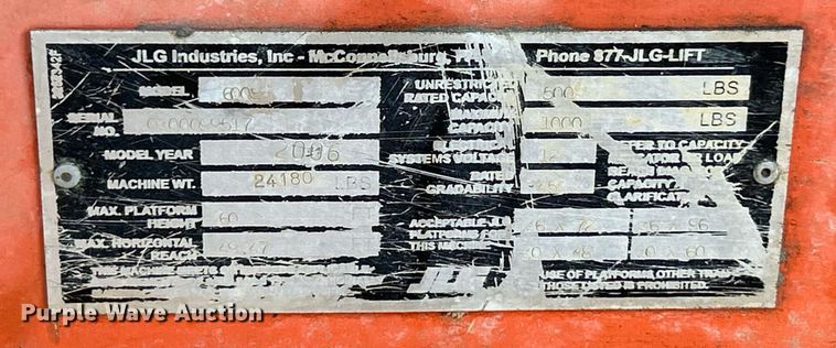 image for item EK3513 2006 JLG 600S boom lift