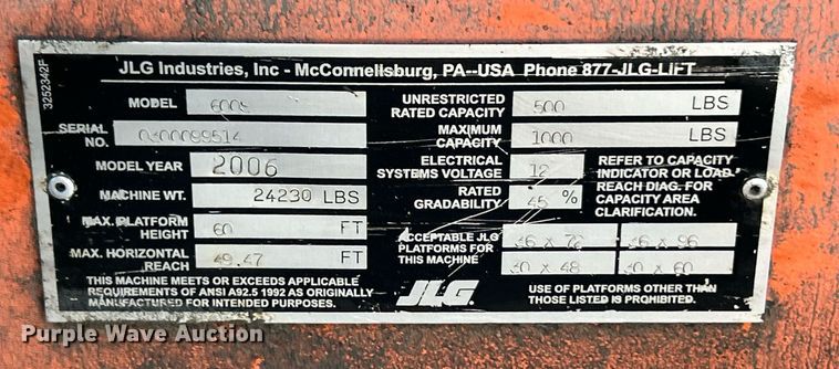image for item EK3514 2006 JLG 600S boom lift