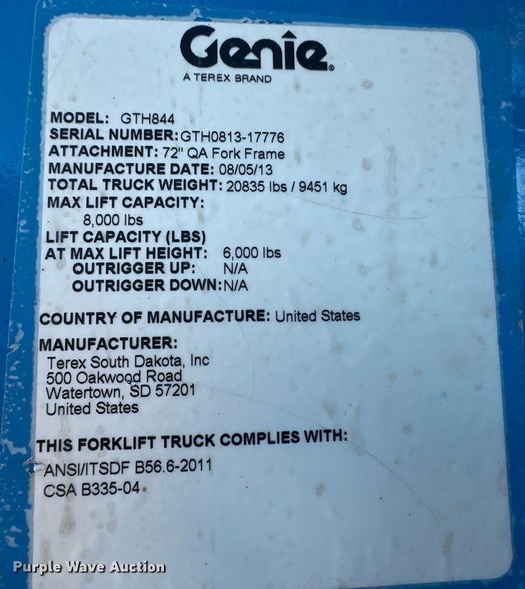 image for item ER8112 2013 Genie GTH-844 telehandler
