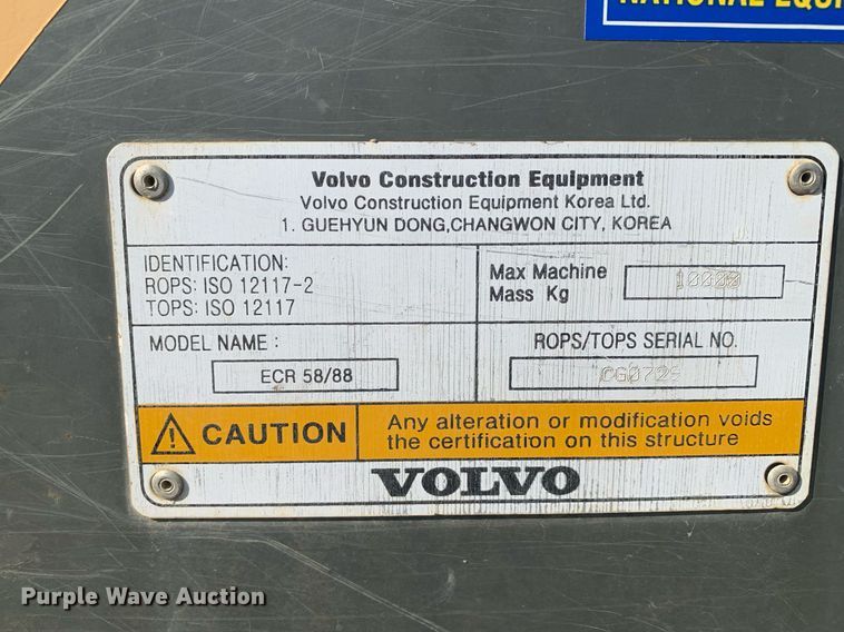 image for item JT9680 2012 Volvo ECR88 mini excavator