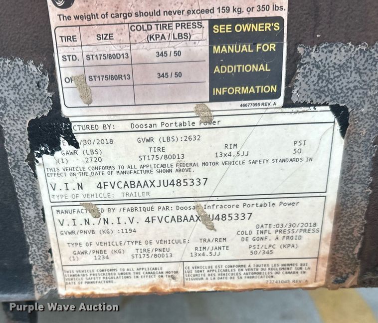 image for item LR9528 2018 Doosan  C185 air compressor