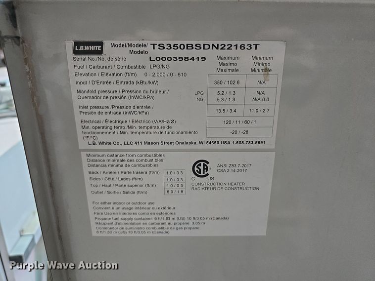 image for item LW9944 (14) L.B. White Premier 350 DF heaters