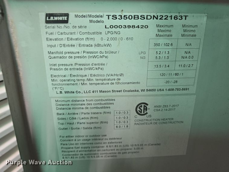 image for item LW9944 (14) L.B. White Premier 350 DF heaters