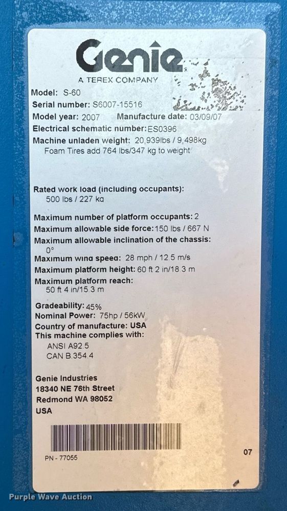 image for item MS9838 2007 Genie  S60 boom lift