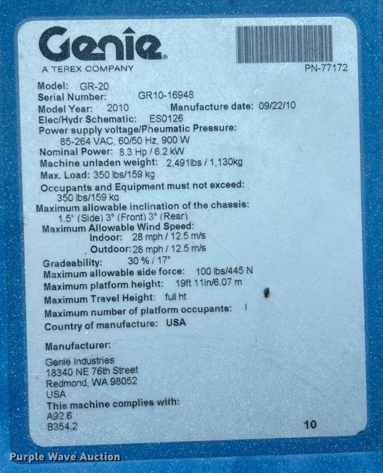 image for item NO9505 2010 Genie GR-20 vertical lift