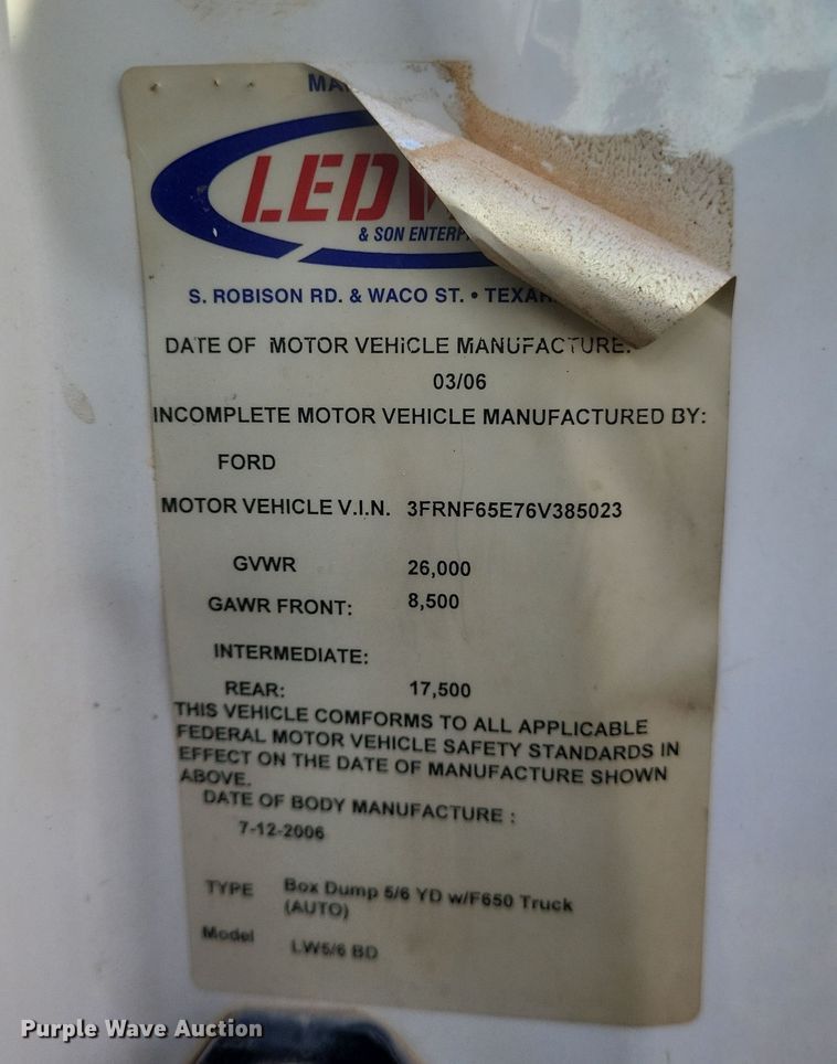 image for item DQ3737 2006 Ford  F650 Super Duty XL  dump truck
