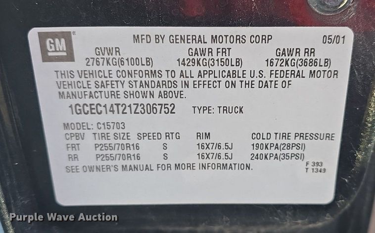 image for item DQ5226 2001 Chevrolet Silverado 1500 pickup truck