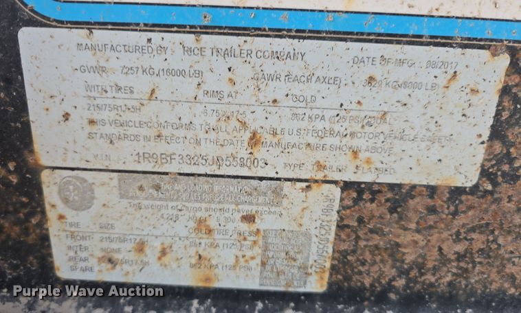 image for item DW3864 2018 Rice Trailer Company 1500 SLE tilt deck equipment trailer