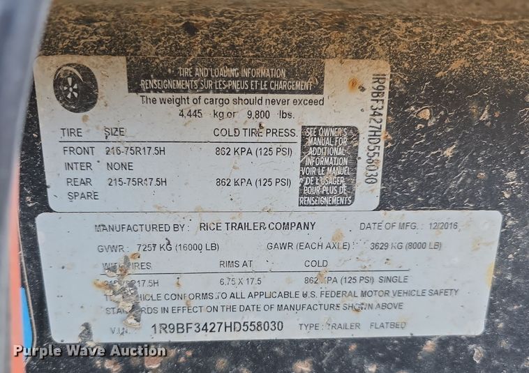 image for item DW3867 2017 Rice Trailer Company tilt deck equipment trailer