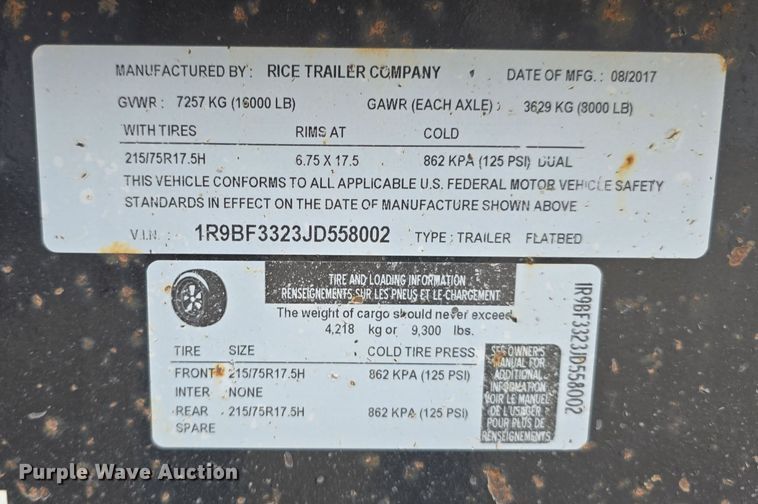 image for item DW3881 2018 Rice Trailer Company tilt deck equipment trailer