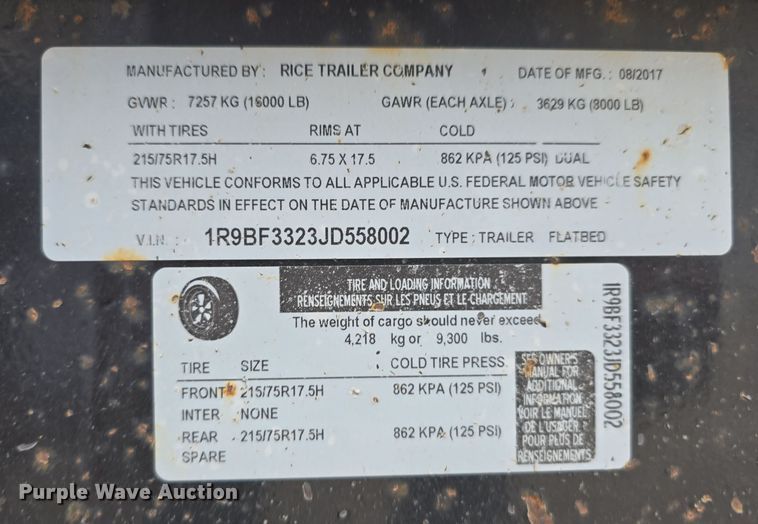 image for item DW3881 2018 Rice Trailer Company tilt deck equipment trailer