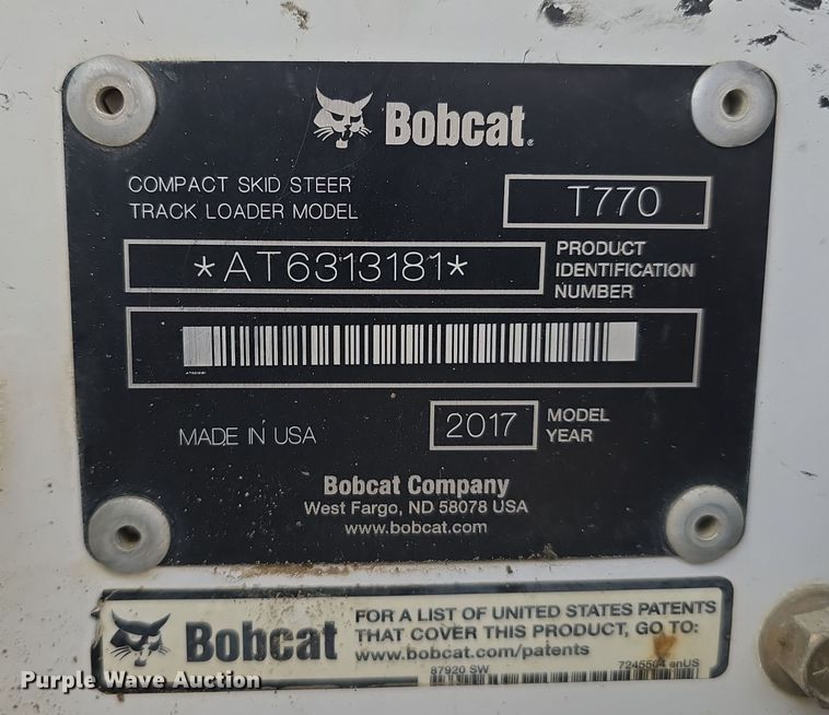 image for item DW3887 2017 Bobcat T770 skid steer loader