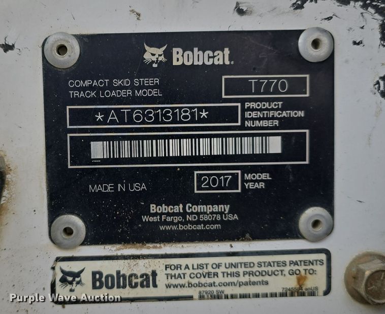 image for item DW3887 2017 Bobcat T770 skid steer loader