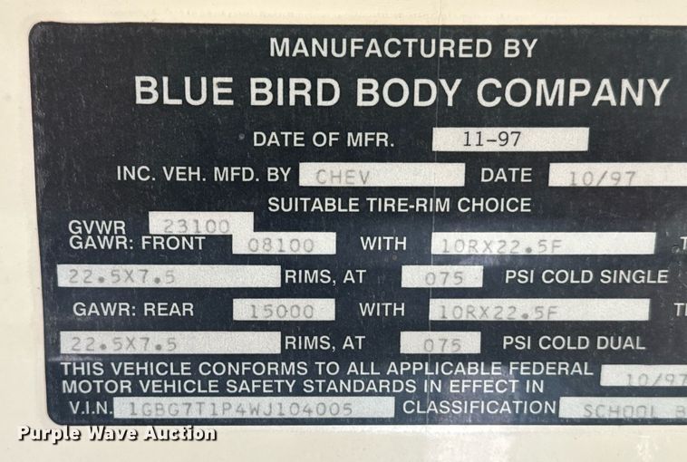 image for item DX3710 1998 Chevrolet B7 Bluebird school bus