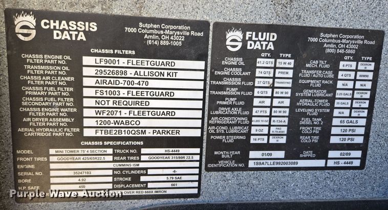 image for item EE8630 2009 Sutphen Mini Tower 75' 4 section  Quint fire truck