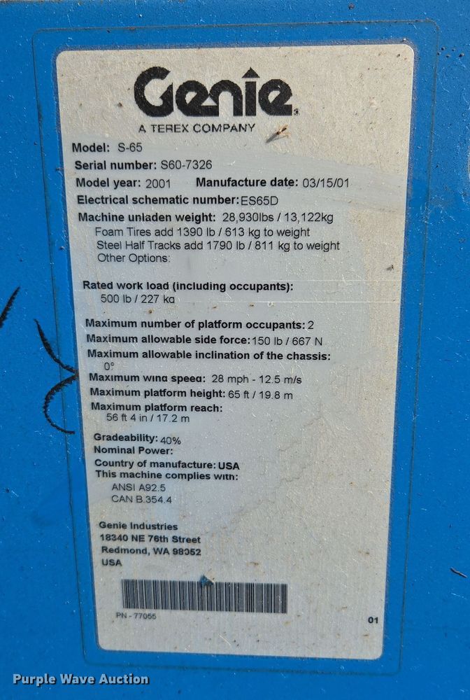 image for item EE8673 2001 Genie  S-65  boom lift