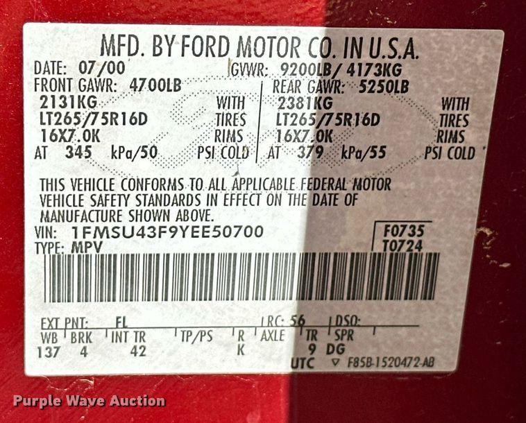 image for item EJ4993 2000 Ford  Excursion  SUV