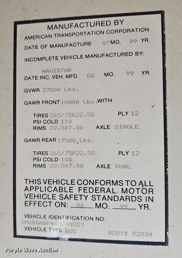 image for item EK0897 1999 International Amtran 3800 prisoner transport bus