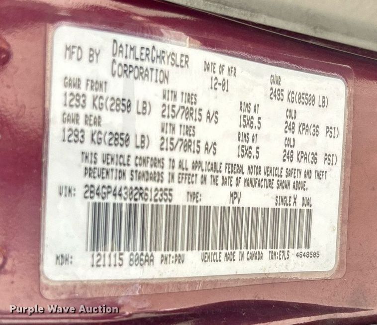 image for item EK3393 2002 Dodge  Grand Caravan Sport van