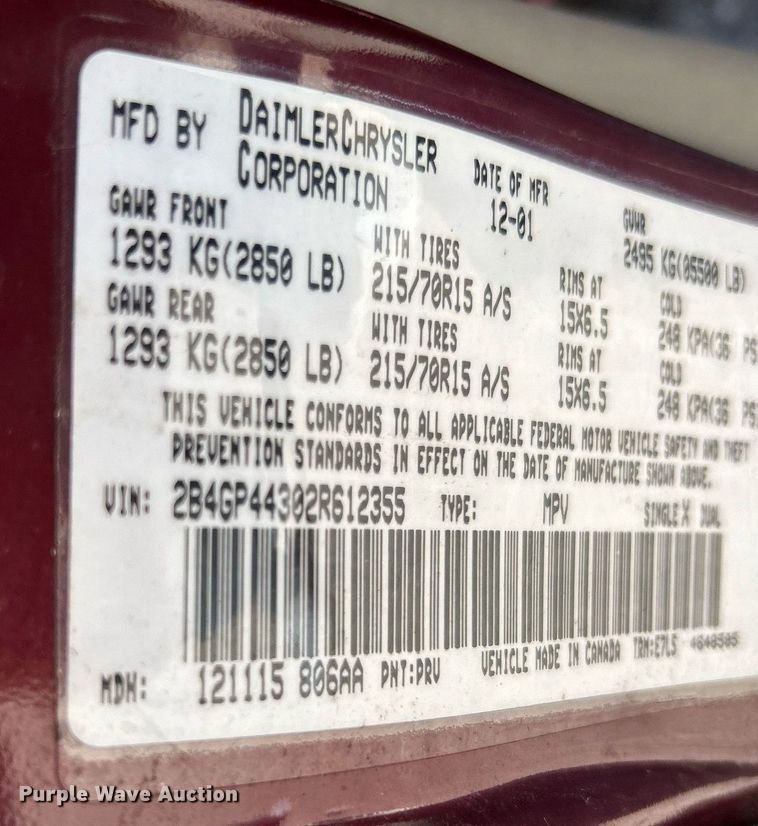 image for item EK3393 2002 Dodge  Grand Caravan Sport van