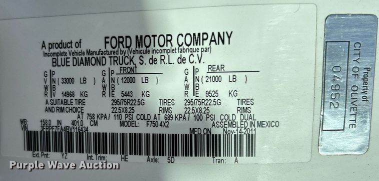 image for item EK3546 2011 Ford F750 Super Duty XL dump truck