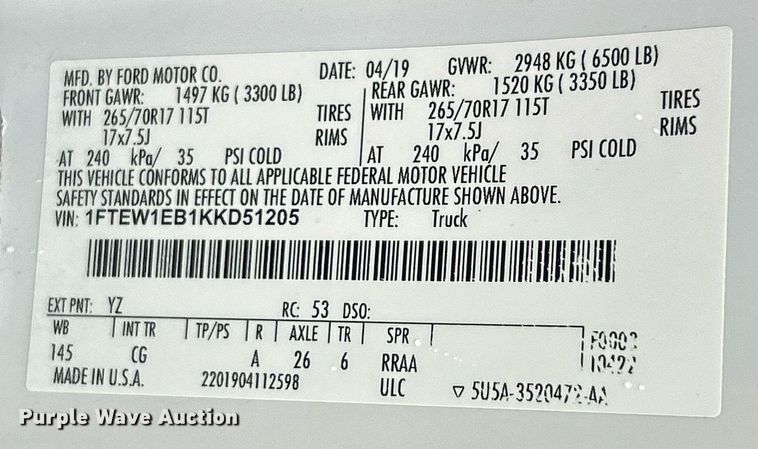 image for item EK3558 2019 Ford  F150 XL SuperCrew pickup truck