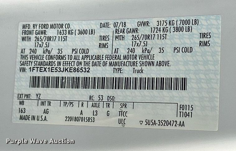 image for item EK3561 2018 Ford F150 XL SuperCab pickup truck