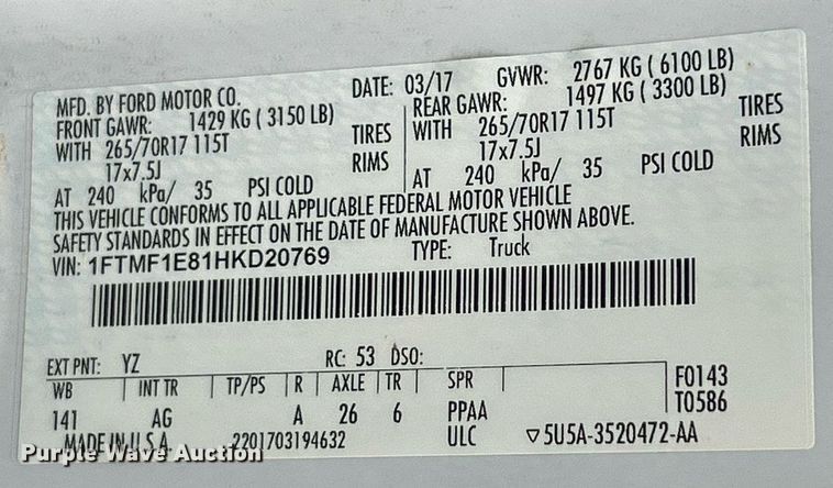 image for item EK3563 2017 Ford F150 XL pickup truck