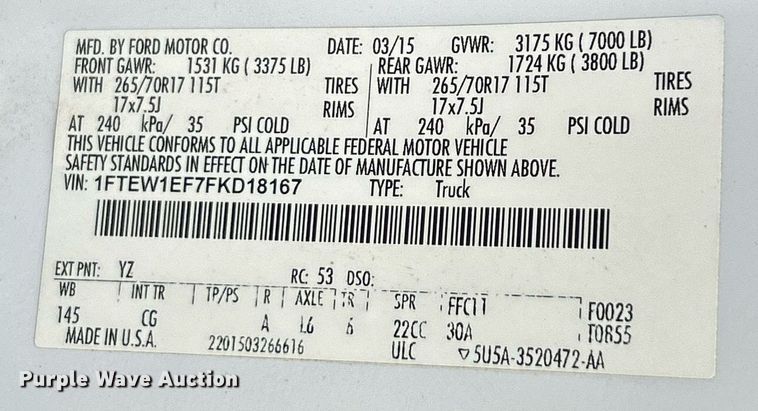 image for item EK3564 2015 Ford F150 XL SuperCrew pickup truck