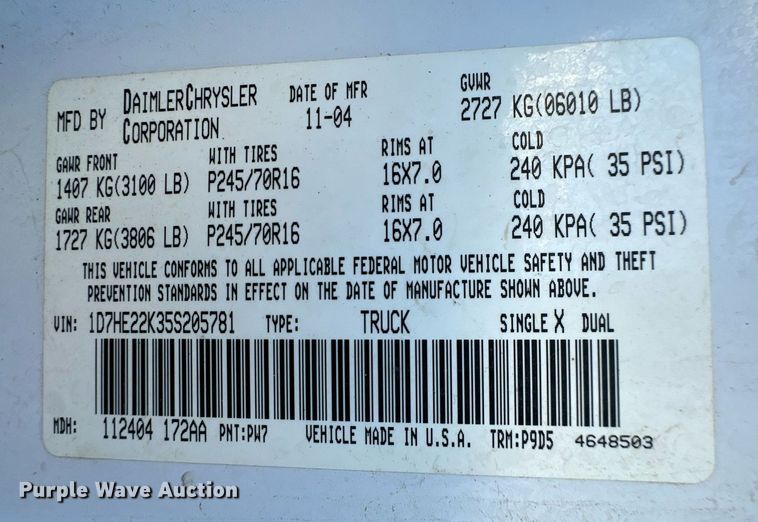 image for item ER8089 2005 Dodge Dakota Club Cab pickup truck