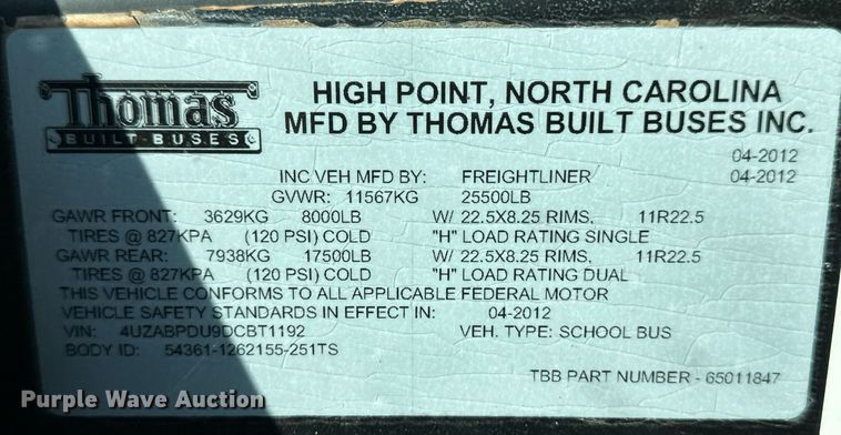 image for item ER8115 2013 Freightliner B2B school bus