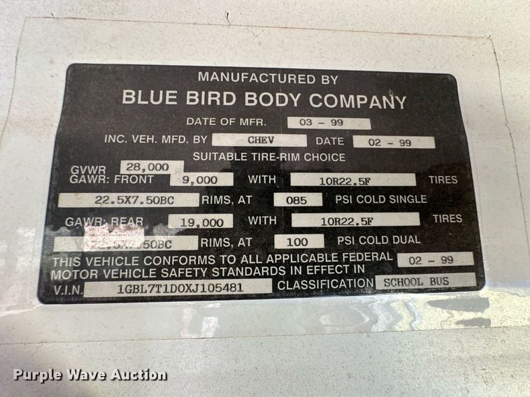 image for item ER8137 1999 Blue Bird CV20 school bus