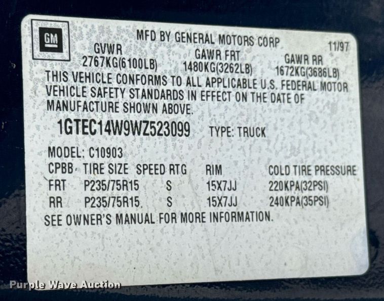 image for item KT9219 1998 GMC Sierra 1500 pickup truck