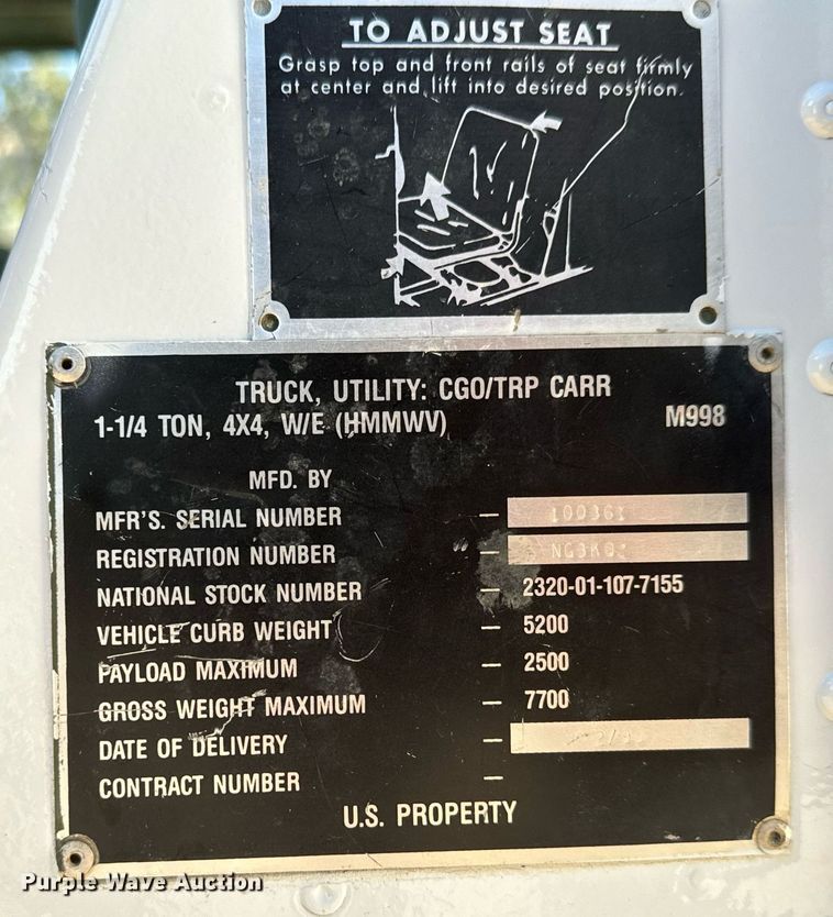 image for item MS9863 1990 AM General  HMMWV SUV