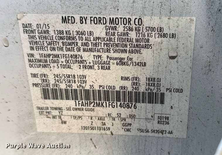 image for item NO9528 2015 Ford Taurus Police Interceptor