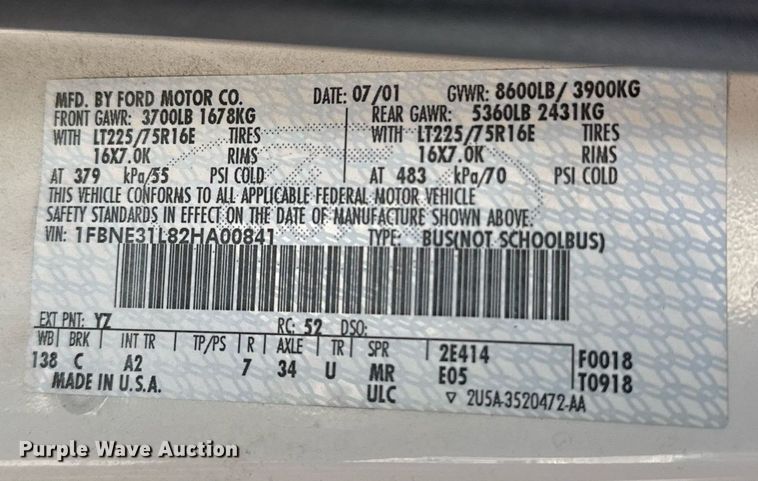 image for item NO9530 2002 Ford E350 Super Duty XL van