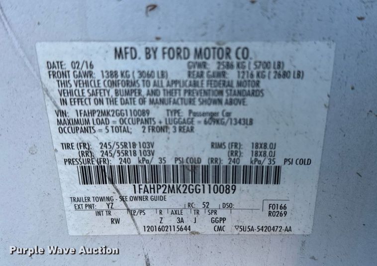 image for item NO9535 2016 Ford Taurus Police Interceptor